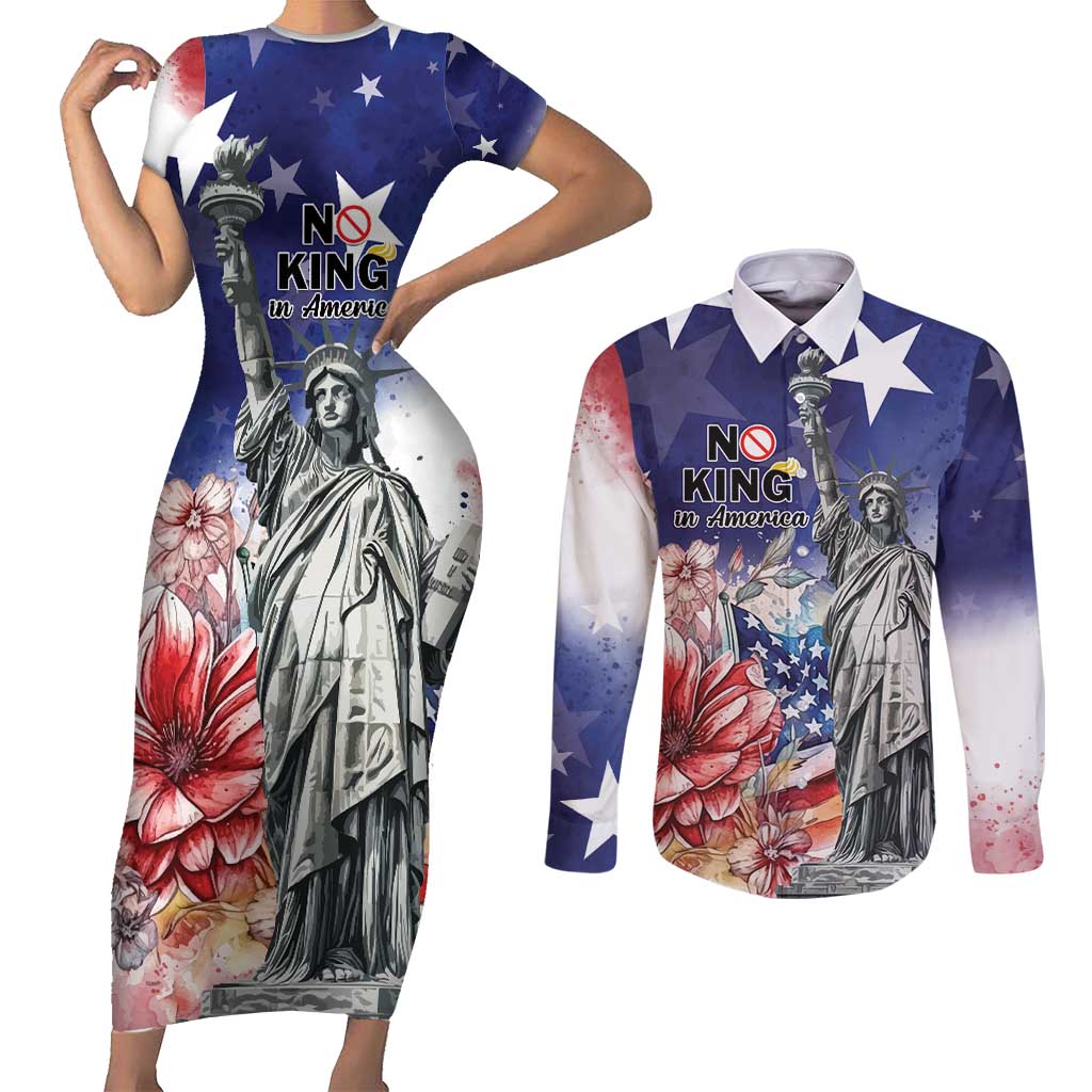No Kings In America Couples Matching Short Sleeve Bodycon Dress and Long Sleeve Button Shirt Watercolor Floral - Wonder Print Shop