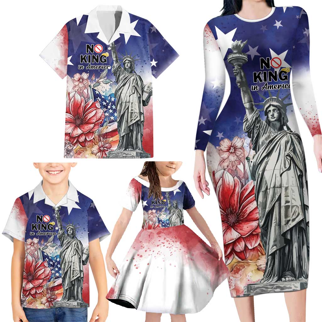 No Kings In America Family Matching Long Sleeve Bodycon Dress and Hawaiian Shirt Watercolor Floral - Wonder Print Shop