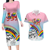 Pride Cymru Couples Matching Long Sleeve Bodycon Dress and Hawaiian Shirt Welsh Dragon Rainbow Version - Wonder Print Shop