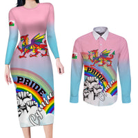 Pride Cymru Couples Matching Long Sleeve Bodycon Dress and Long Sleeve Button Shirts Welsh Dragon Rainbow Version - Wonder Print Shop