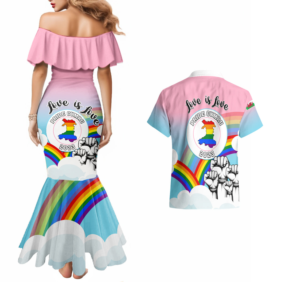 Pride Cymru Couples Matching Mermaid Dress And Hawaiian Shirt Welsh Dragon Rainbow Version - Wonder Print Shop