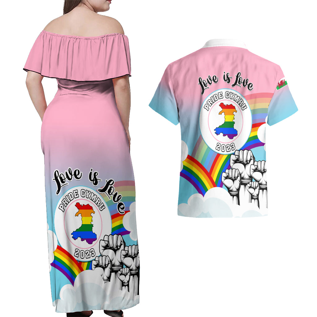 Pride Cymru Couples Matching Off Shoulder Maxi Dress and Hawaiian Shirt Welsh Dragon Rainbow Version - Wonder Print Shop
