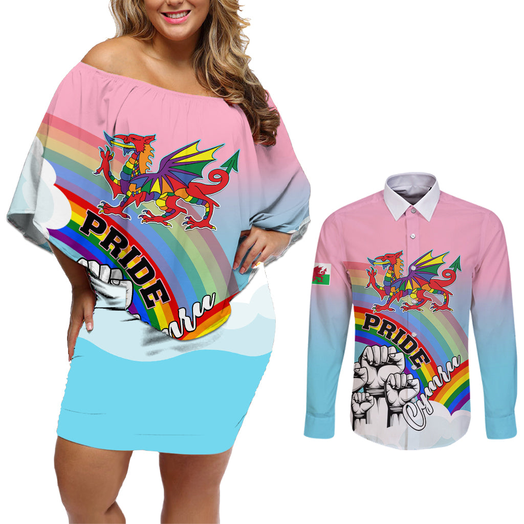 Pride Cymru Couples Matching Off Shoulder Short Dress and Long Sleeve Button Shirts Welsh Dragon Rainbow Version - Wonder Print Shop