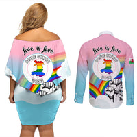 Pride Cymru Couples Matching Off Shoulder Short Dress and Long Sleeve Button Shirts Welsh Dragon Rainbow Version - Wonder Print Shop