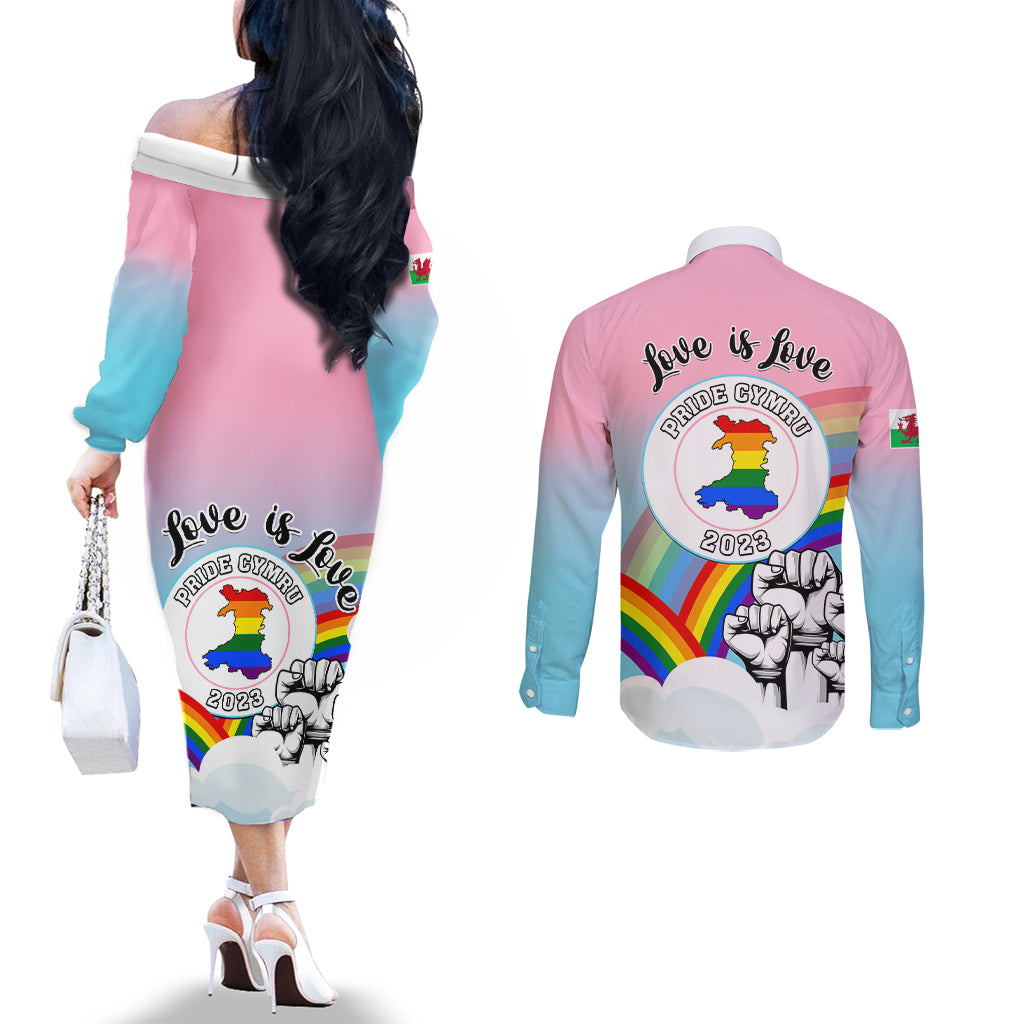 Back view: off-shoulder pink dress and pink button-up shirt with Love is Love Pride print
