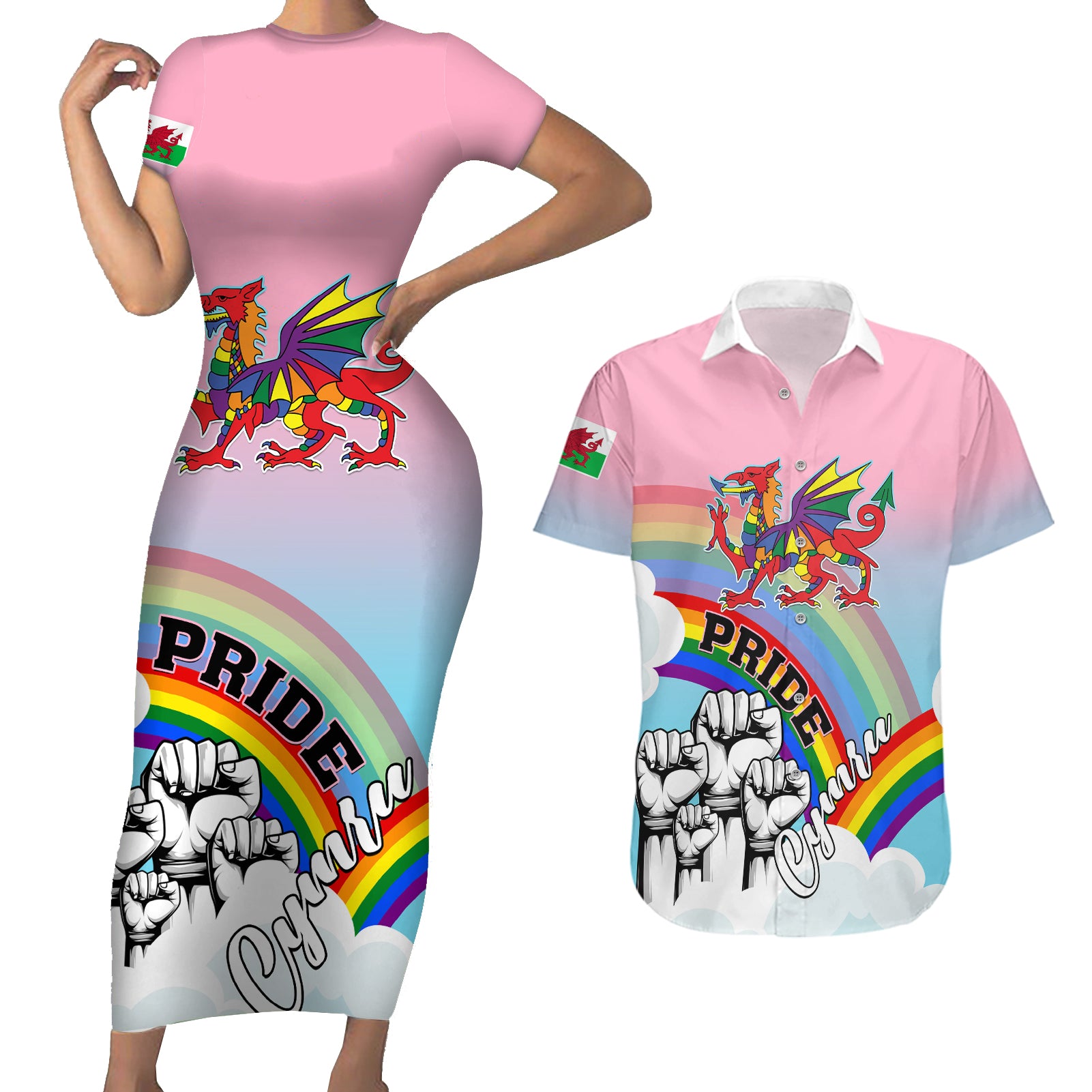 Pride Cymru Couples Matching Short Sleeve Bodycon Dress and Hawaiian Shirt Welsh Dragon Rainbow Version - Wonder Print Shop