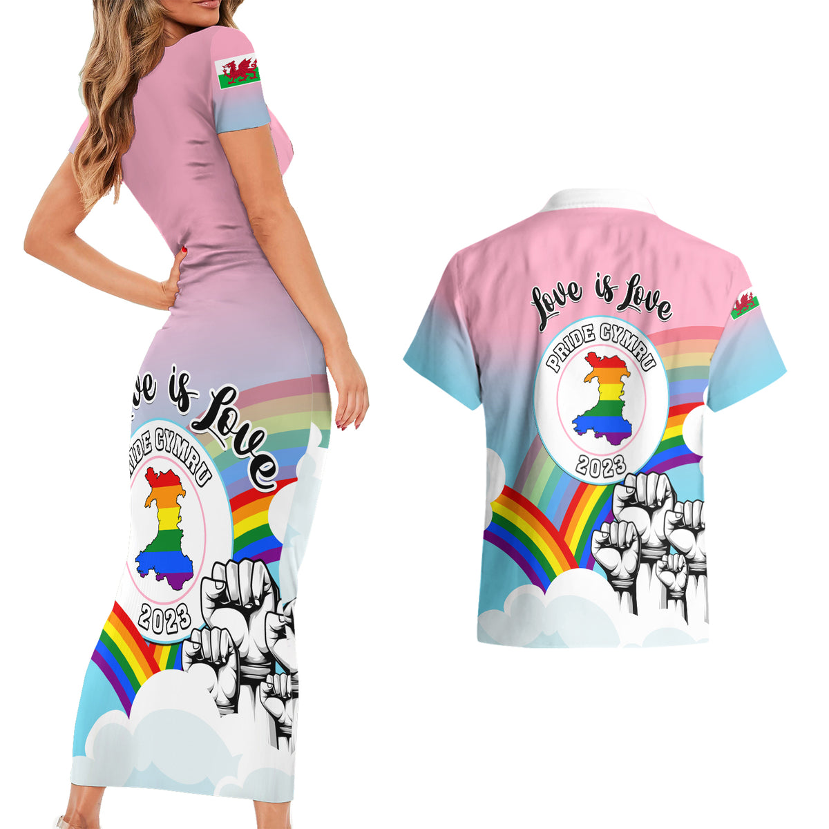Pride Cymru Couples Matching Short Sleeve Bodycon Dress and Hawaiian Shirt Welsh Dragon Rainbow Version - Wonder Print Shop