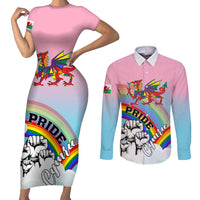 Pride Cymru Couples Matching Short Sleeve Bodycon Dress and Long Sleeve Button Shirts Welsh Dragon Rainbow Version - Wonder Print Shop