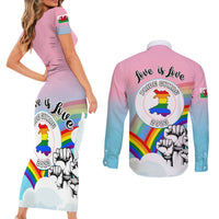 Pride Cymru Couples Matching Short Sleeve Bodycon Dress and Long Sleeve Button Shirts Welsh Dragon Rainbow Version - Wonder Print Shop
