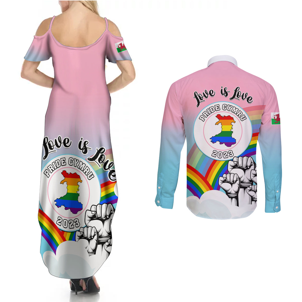 Pride Cymru Couples Matching Summer Maxi Dress and Long Sleeve Button Shirts Welsh Dragon Rainbow Version - Wonder Print Shop