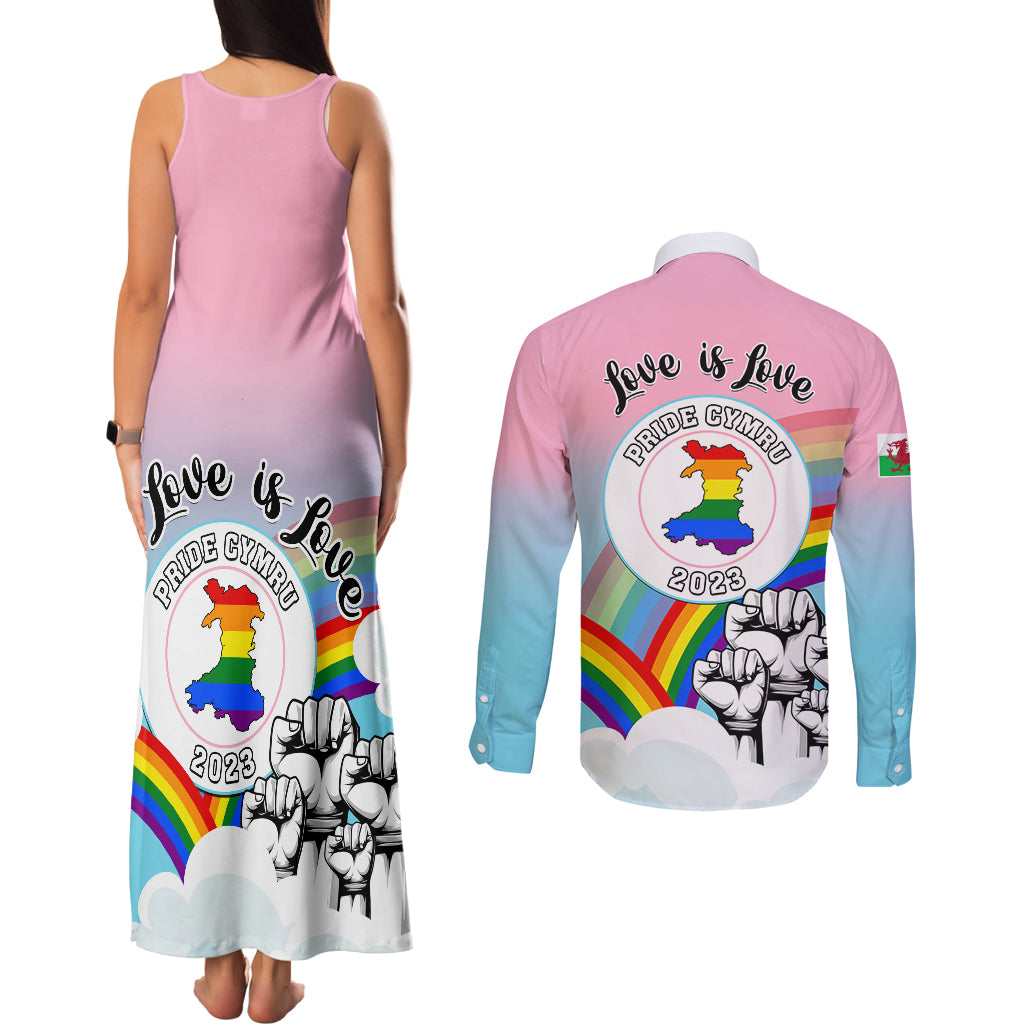 Pride Cymru Couples Matching Tank Maxi Dress and Long Sleeve Button Shirts Welsh Dragon Rainbow Version - Wonder Print Shop