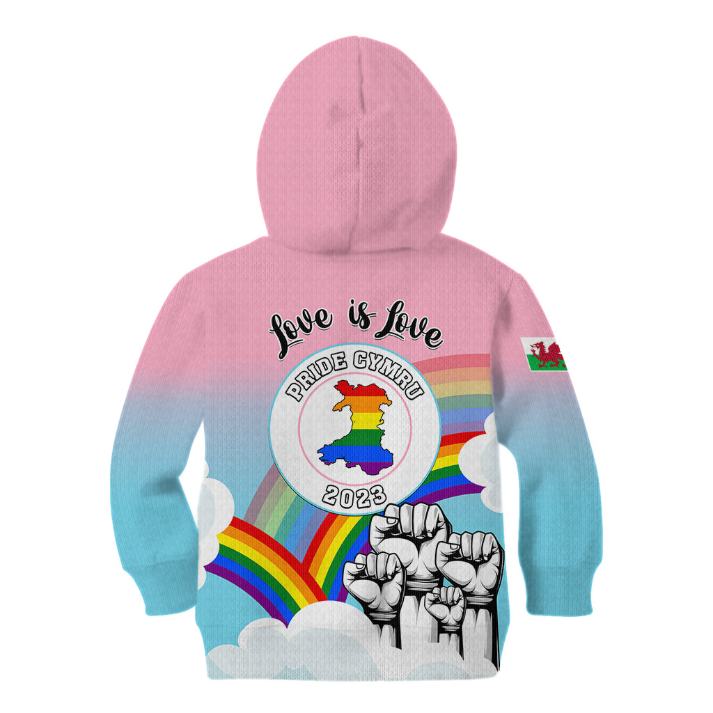 Kids' hoodie back print: rainbow stripes, Pride Cymru 2023 badge, 'Love is Love' text