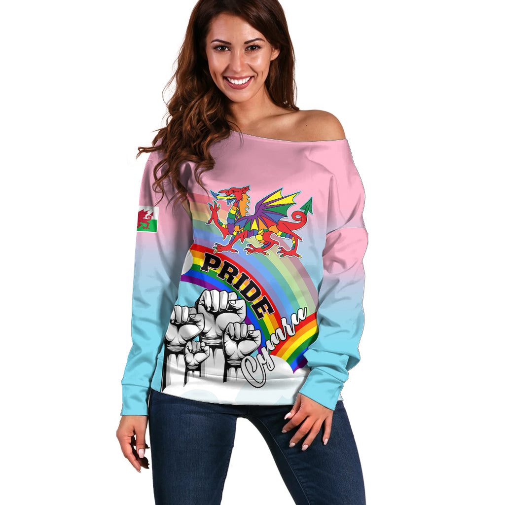 Pride Cymru Off Shoulder Sweater Welsh Dragon Rainbow Version - Wonder Print Shop
