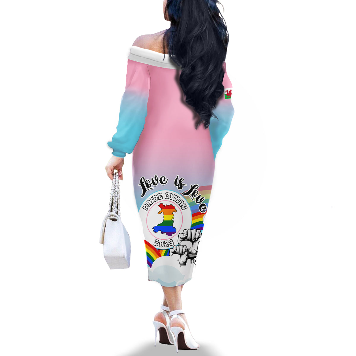 Pink off-shoulder long-sleeve midi dress with back Love is Love rainbow text