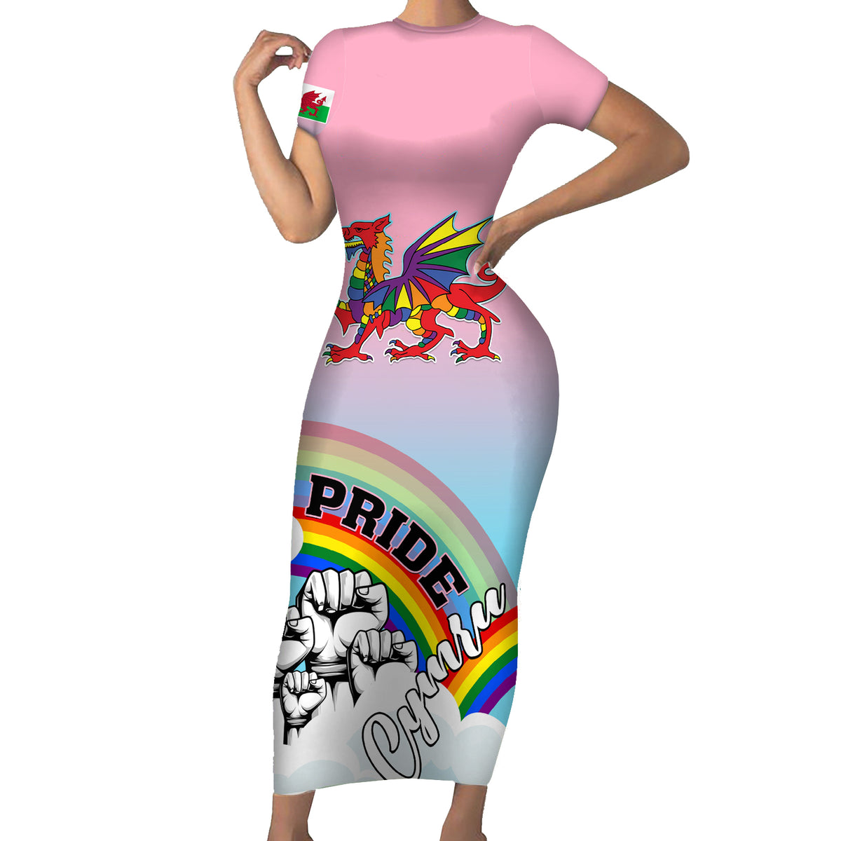 Pride Cymru Short Sleeve Bodycon Dress Welsh Dragon Rainbow Version - Wonder Print Shop