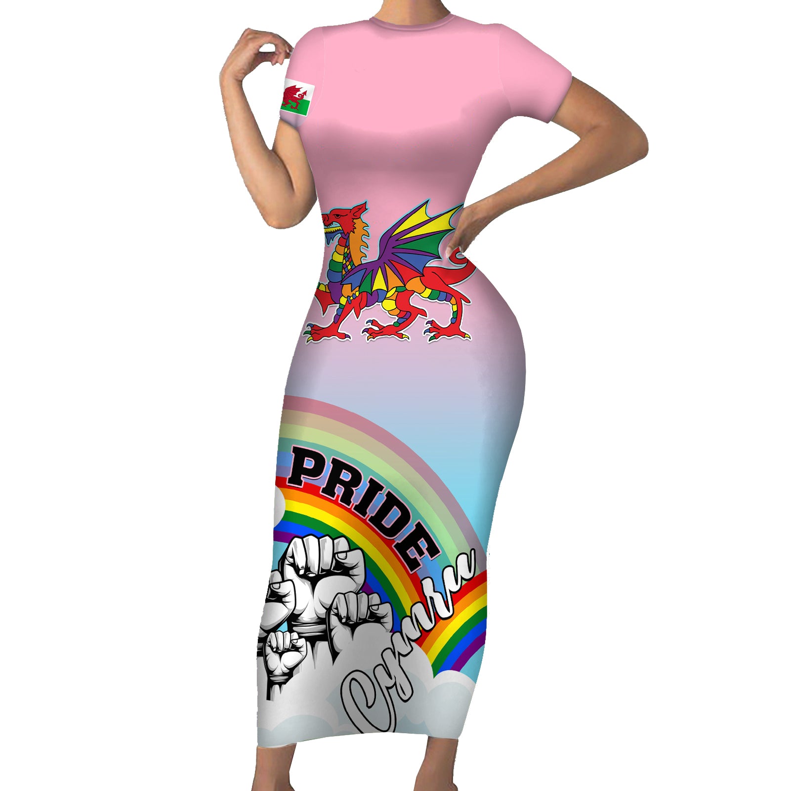 Pride Cymru Short Sleeve Bodycon Dress Welsh Dragon Rainbow Version - Wonder Print Shop