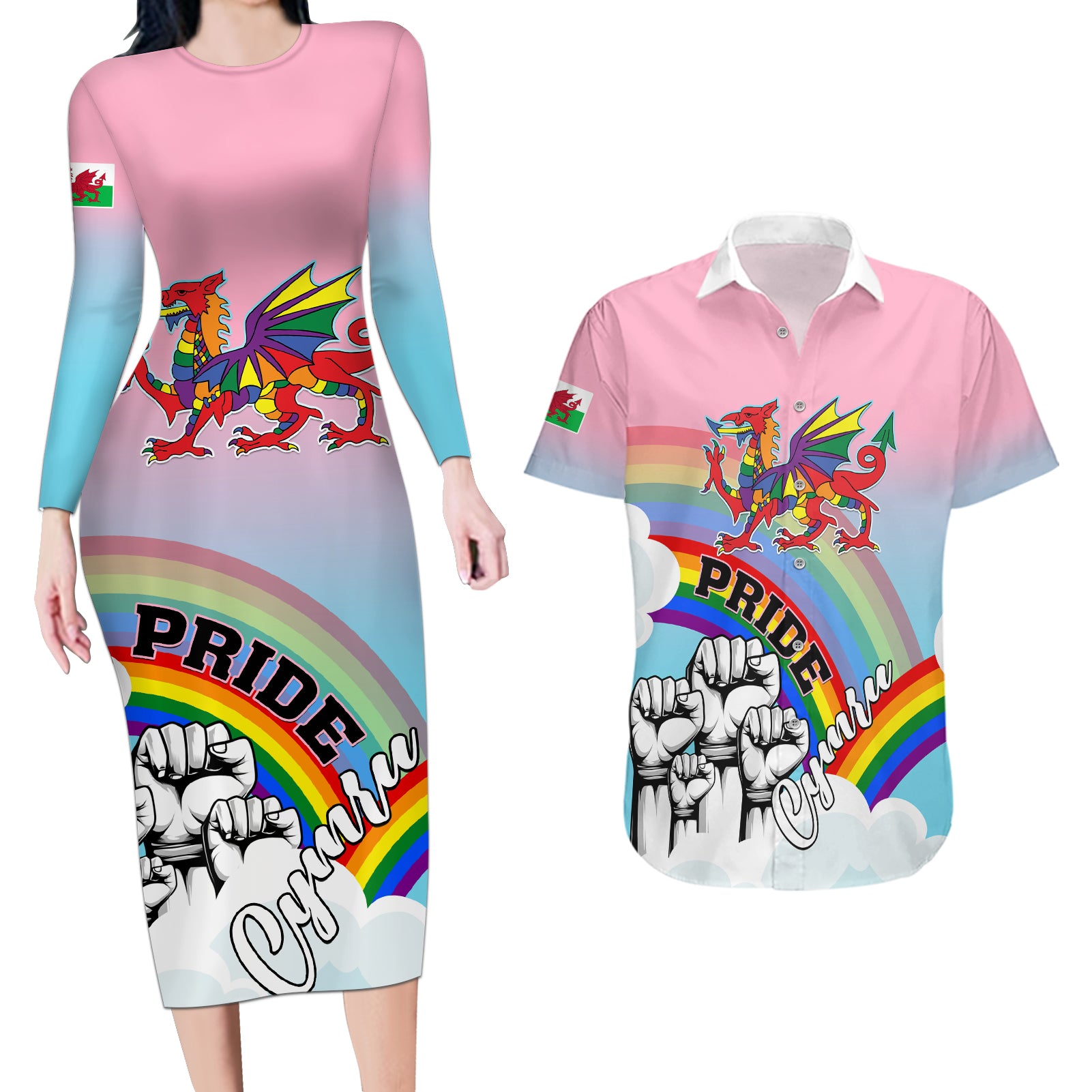 Personalised Pride Cymru Couples Matching Long Sleeve Bodycon Dress and Hawaiian Shirt Welsh Dragon Rainbow Version - Wonder Print Shop