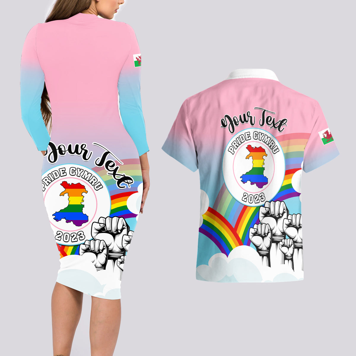 Personalised Pride Cymru Couples Matching Long Sleeve Bodycon Dress and Hawaiian Shirt Welsh Dragon Rainbow Version - Wonder Print Shop