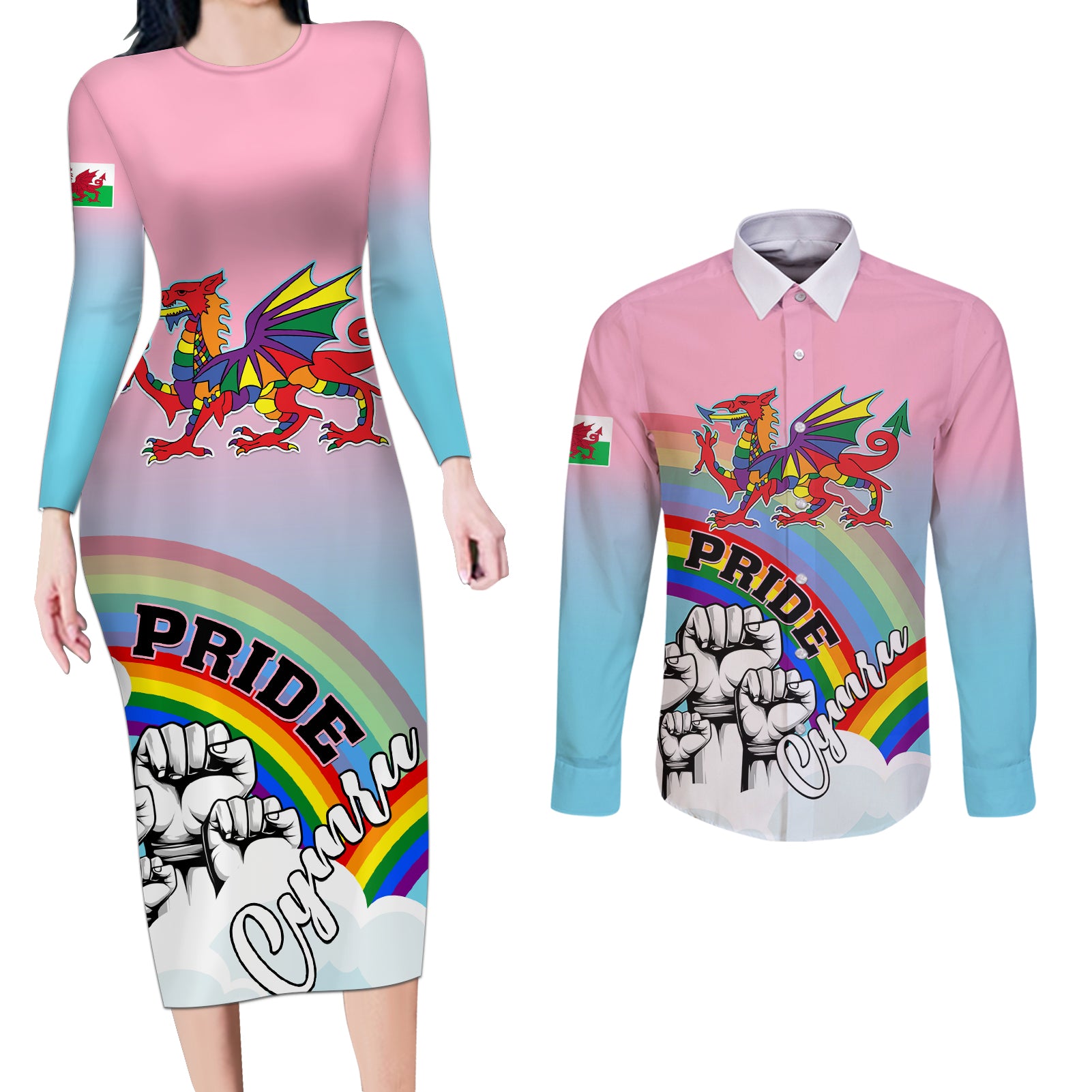 Personalised Pride Cymru Couples Matching Long Sleeve Bodycon Dress and Long Sleeve Button Shirts Welsh Dragon Rainbow Version - Wonder Print Shop