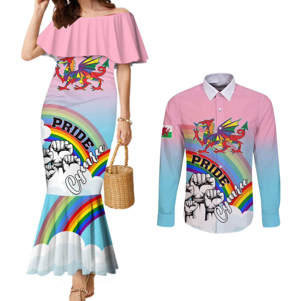 personalised-pride-cymru-couples-matching-mermaid-dress-and-long-sleeve-button-shirts-welsh-dragon-rainbow-version