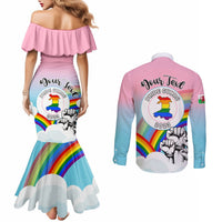 Pink off-shoulder mermaid dress and long-sleeve button shirt with back Pride rainbow print