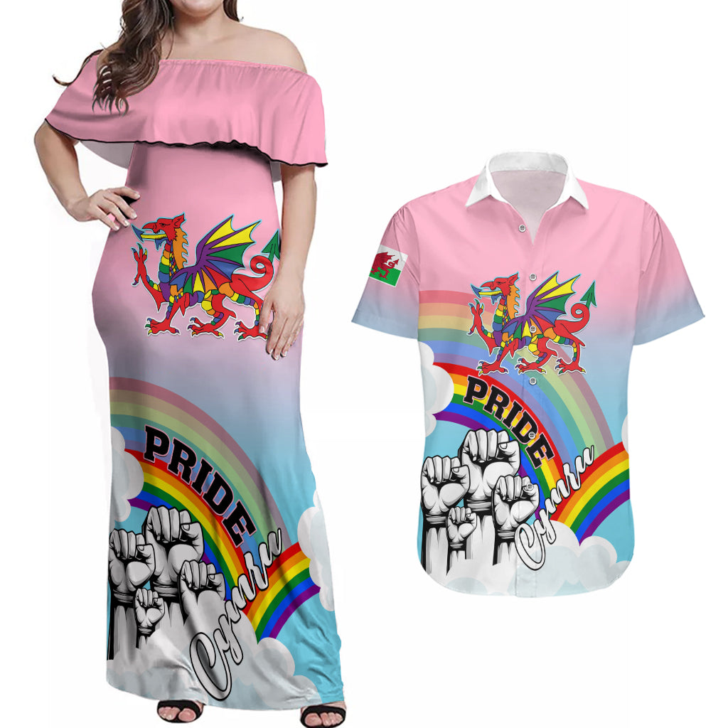 Personalised Pride Cymru Couples Matching Off Shoulder Maxi Dress and Hawaiian Shirt Welsh Dragon Rainbow Version - Wonder Print Shop