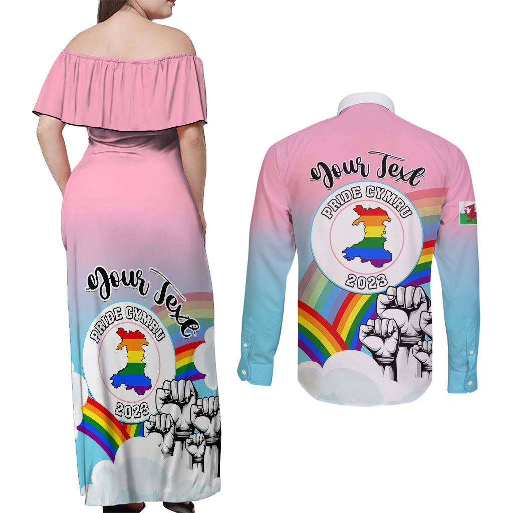 Personalised Pride Cymru Couples Matching Off Shoulder Maxi Dress and Long Sleeve Button Shirts Welsh Dragon Rainbow Version - Wonder Print Shop