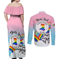 Personalised Pride Cymru Couples Matching Off Shoulder Maxi Dress and Long Sleeve Button Shirts Welsh Dragon Rainbow Version - Wonder Print Shop