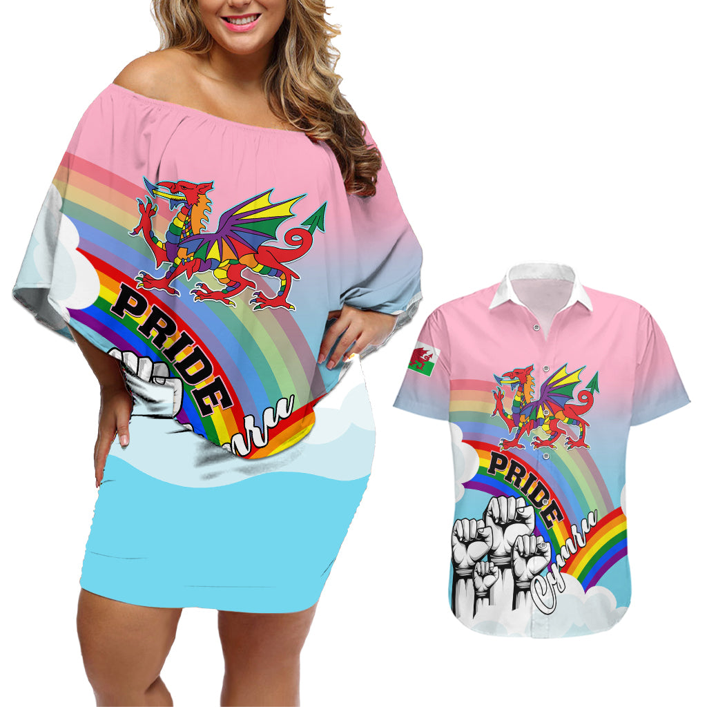 Personalised Pride Cymru Couples Matching Off Shoulder Short Dress and Hawaiian Shirt Welsh Dragon Rainbow Version - Wonder Print Shop