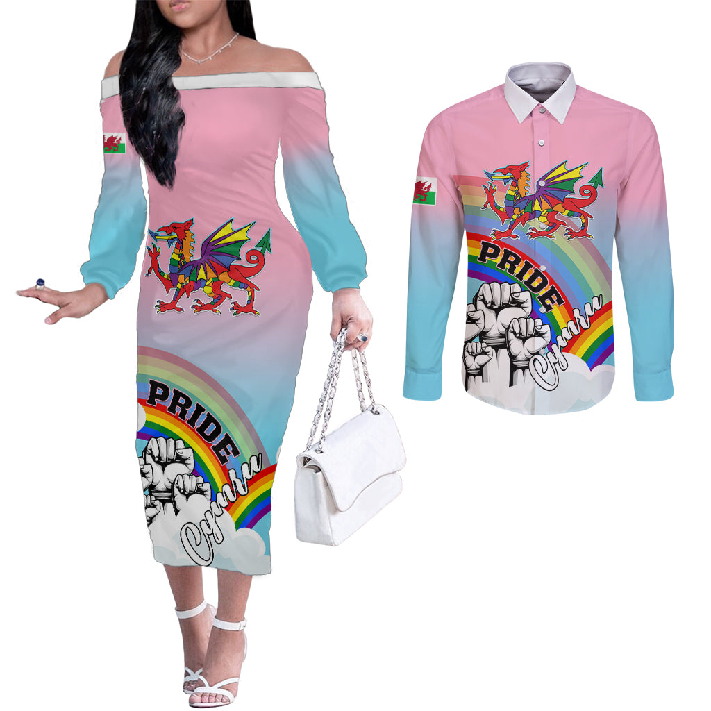 personalised-pride-cymru-couples-matching-off-the-shoulder-long-sleeve-dress-and-long-sleeve-button-shirts-welsh-dragon-rainbow-version