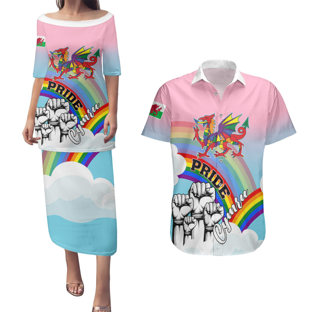 Personalised Pride Cymru Couples Matching Puletasi Dress and Hawaiian Shirt Welsh Dragon Rainbow Version - Wonder Print Shop