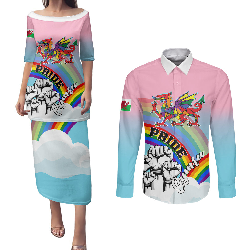 Personalised Pride Cymru Couples Matching Puletasi Dress and Long Sleeve Button Shirts Welsh Dragon Rainbow Version - Wonder Print Shop
