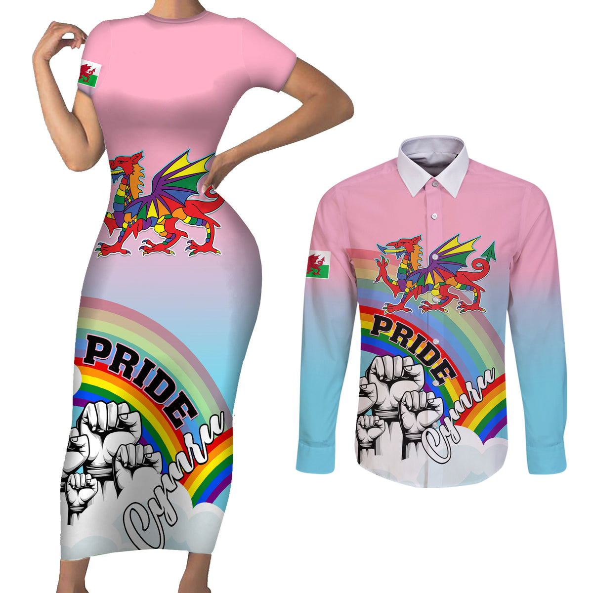 Personalised Pride Cymru Couples Matching Short Sleeve Bodycon Dress and Long Sleeve Button Shirts Welsh Dragon Rainbow Version - Wonder Print Shop