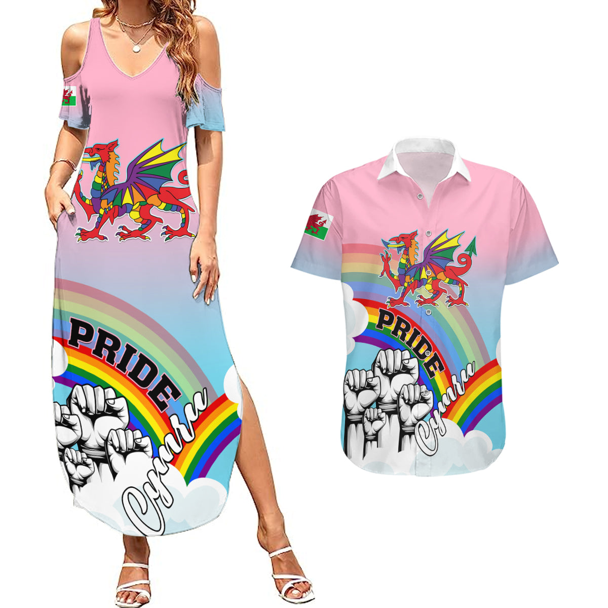 Personalised Pride Cymru Couples Matching Summer Maxi Dress and Hawaiian Shirt Welsh Dragon Rainbow Version - Wonder Print Shop