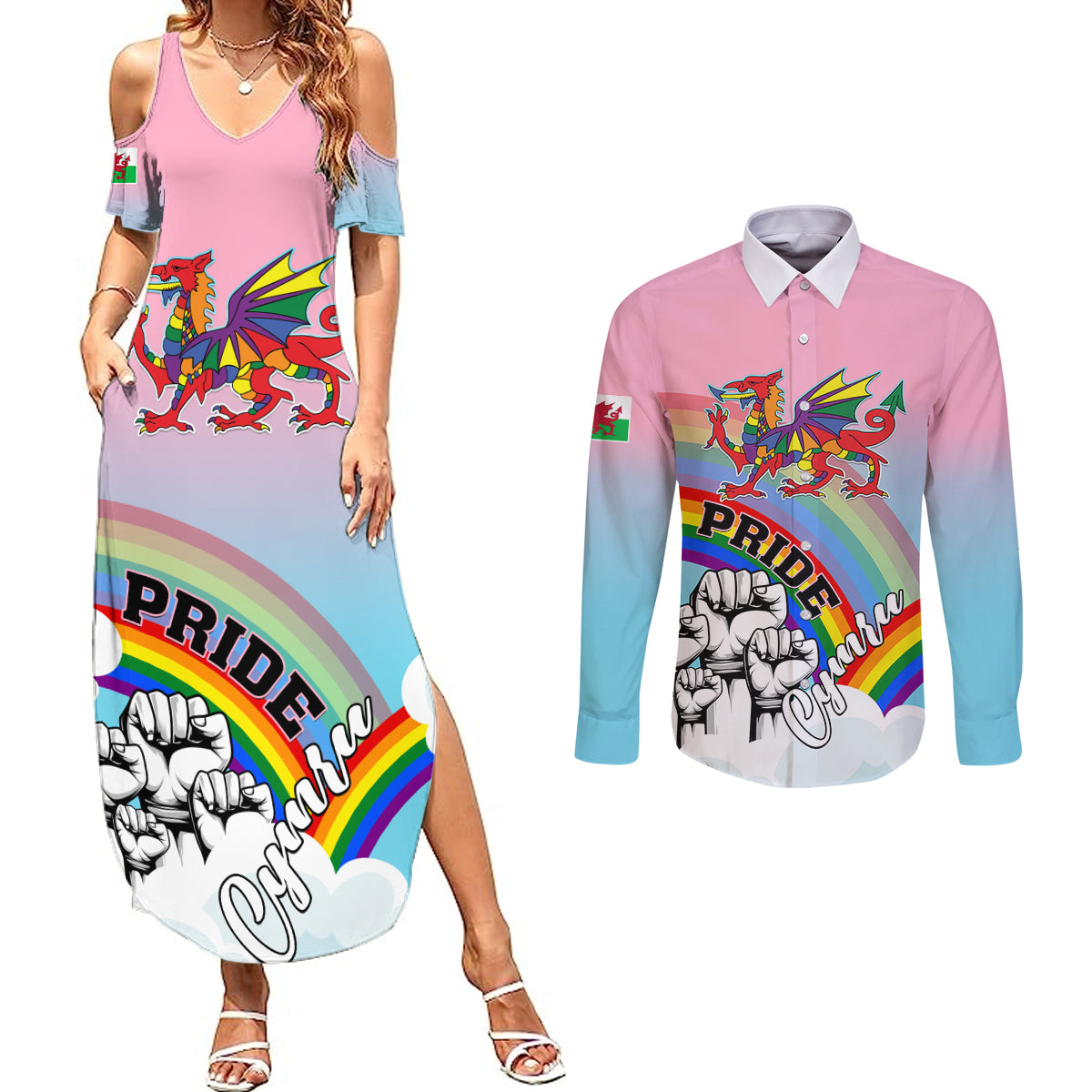 Personalised Pride Cymru Couples Matching Summer Maxi Dress and Long Sleeve Button Shirts Welsh Dragon Rainbow Version - Wonder Print Shop