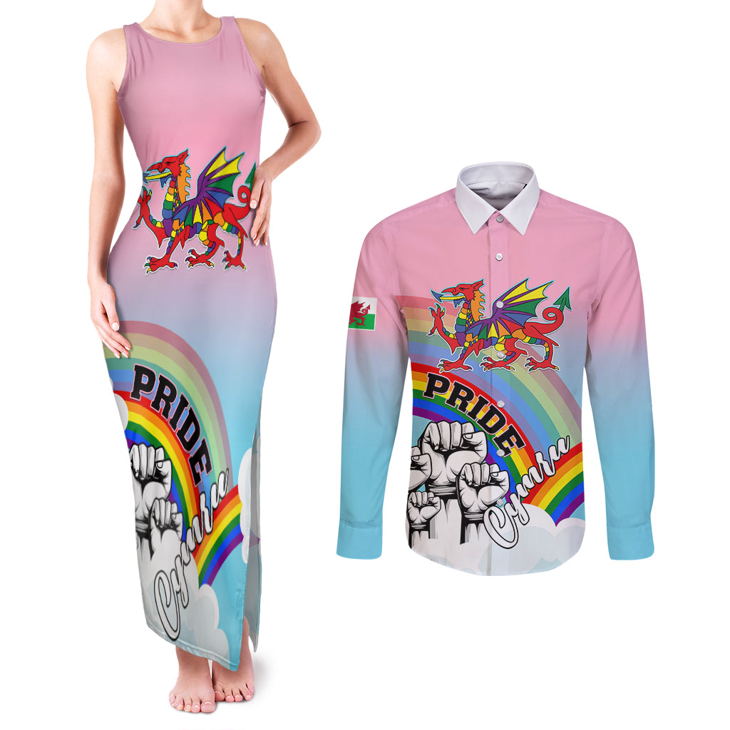 Personalised Pride Cymru Couples Matching Tank Maxi Dress and Long Sleeve Button Shirts Welsh Dragon Rainbow Version - Wonder Print Shop