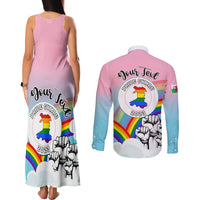 Personalised Pride Cymru Couples Matching Tank Maxi Dress and Long Sleeve Button Shirts Welsh Dragon Rainbow Version - Wonder Print Shop