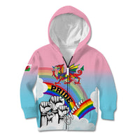 Kids' pink and blue zip hoodie with rainbow Welsh dragon Pride graphic, hood up