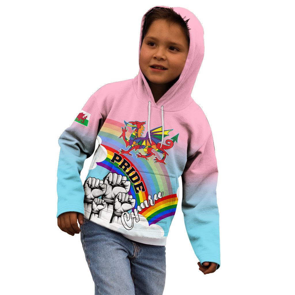 Kids' pink and blue hoodie with rainbow Welsh dragon Pride graphic, worn by child