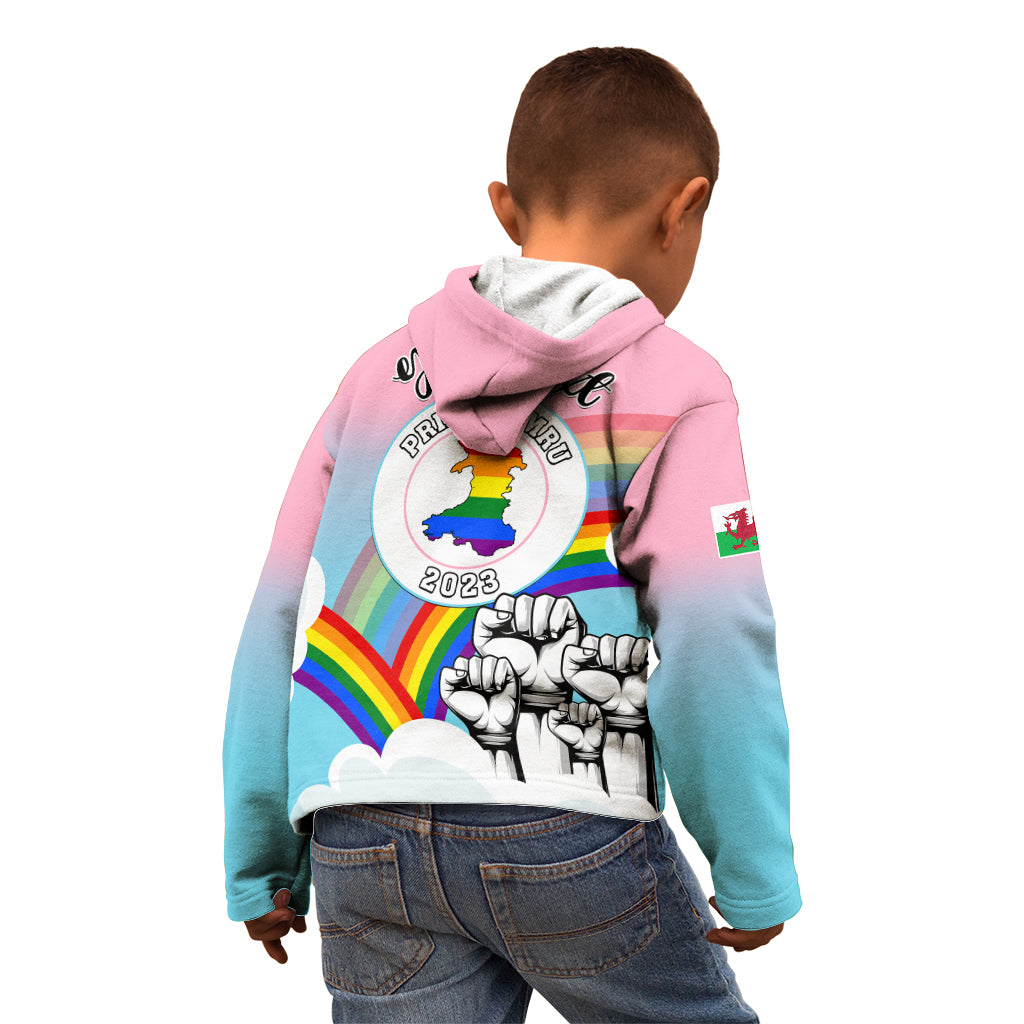 Kids' pink and blue hoodie with rainbow 'Pride Cymru 2023' back print, worn