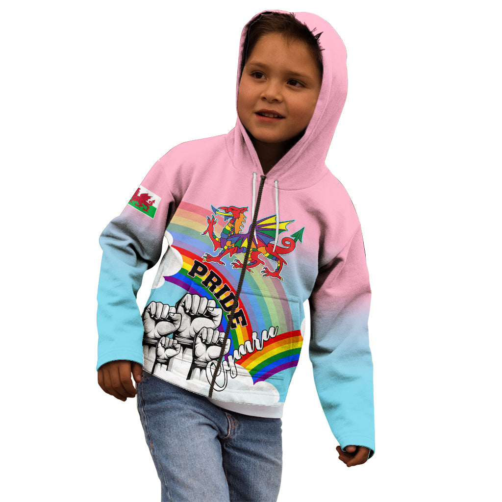 Kids' pink and blue hoodie with rainbow Welsh dragon Pride graphic, worn by child