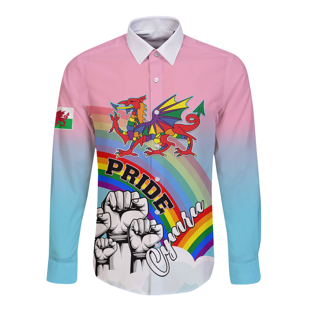 Personalised Pride Cymru Long Sleeve Button Shirt Welsh Dragon Rainbow Version - Wonder Print Shop