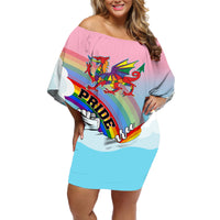 Personalised Pride Cymru Off Shoulder Short Dress Welsh Dragon Rainbow Version - Wonder Print Shop