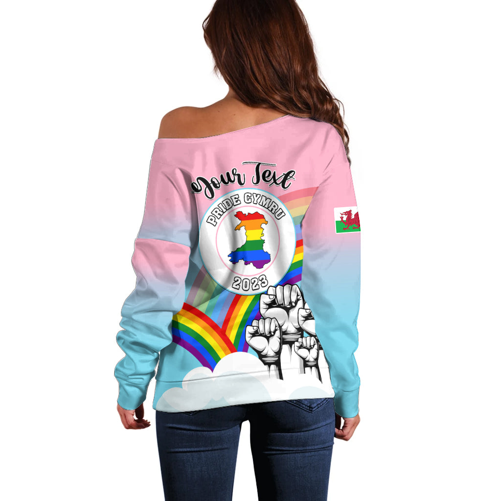Personalised Pride Cymru Off Shoulder Sweater Welsh Dragon Rainbow Version - Wonder Print Shop