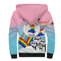 Pink and blue back hoodie with rainbow pride graphic, Welsh dragon and Cymru