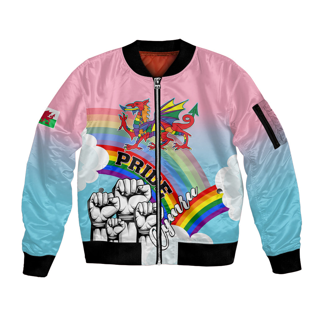 Personalised Pride Cymru Sleeve Zip Bomber Jacket Welsh Dragon Rainbow Version - Wonder Print Shop