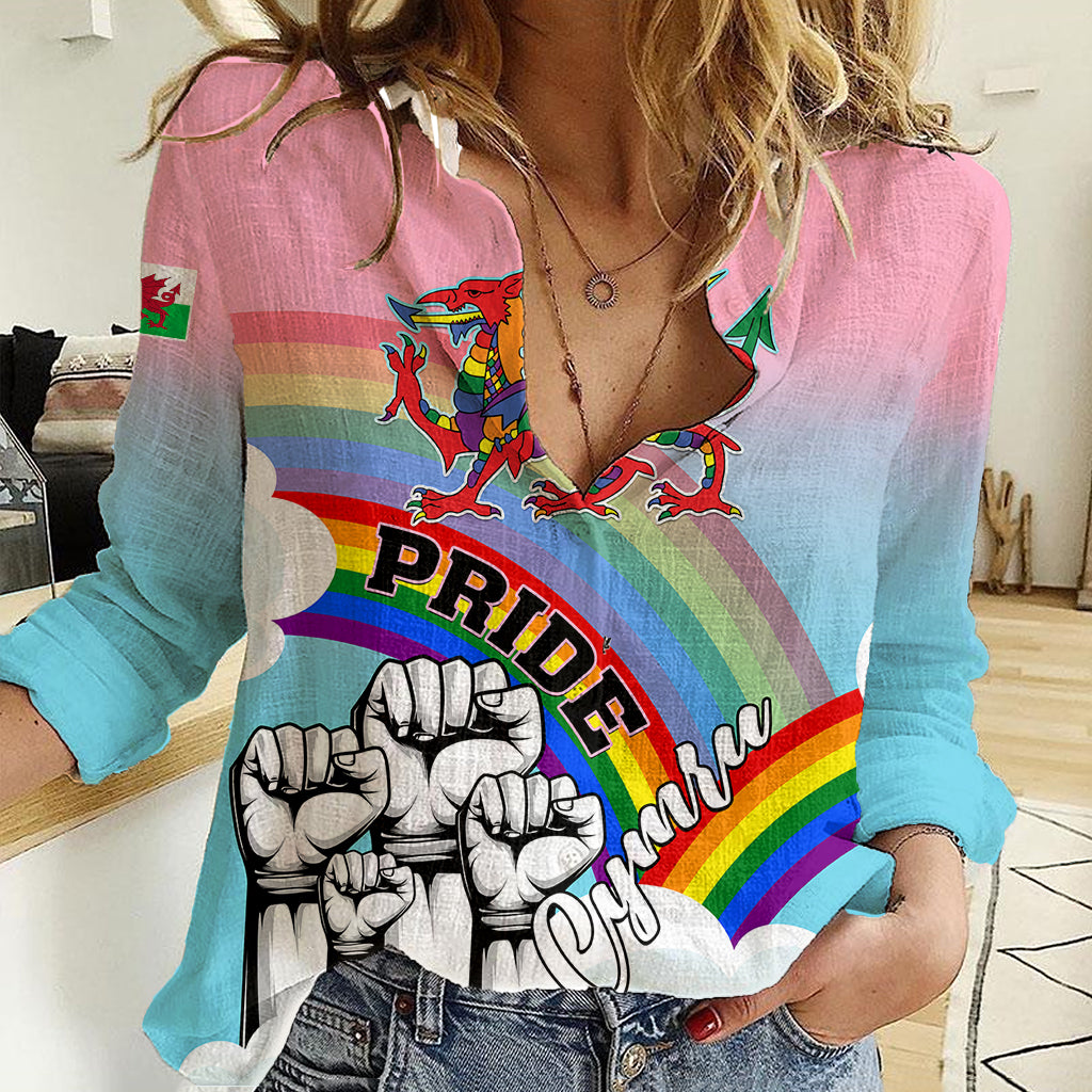 Personalised Pride Cymru Women Casual Shirt Welsh Dragon Rainbow Version - Wonder Print Shop