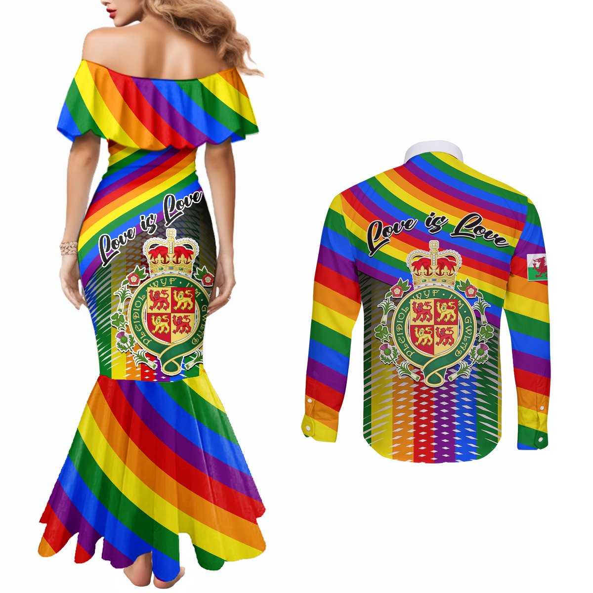 pride-cymru-couples-matching-mermaid-dress-and-long-sleeve-button-shirts-love-is-love-welsh-red-dragon