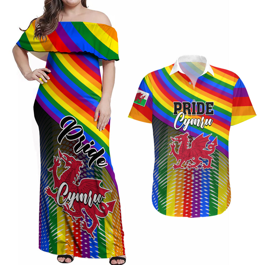 Pride Cymru Couples Matching Off Shoulder Maxi Dress and Hawaiian Shirt Love is Love Welsh Red Dragon - Wonder Print Shop