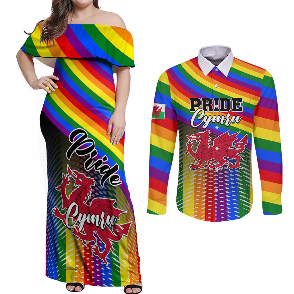 Pride Cymru Couples Matching Off Shoulder Maxi Dress and Long Sleeve Button Shirts Love is Love Welsh Red Dragon - Wonder Print Shop